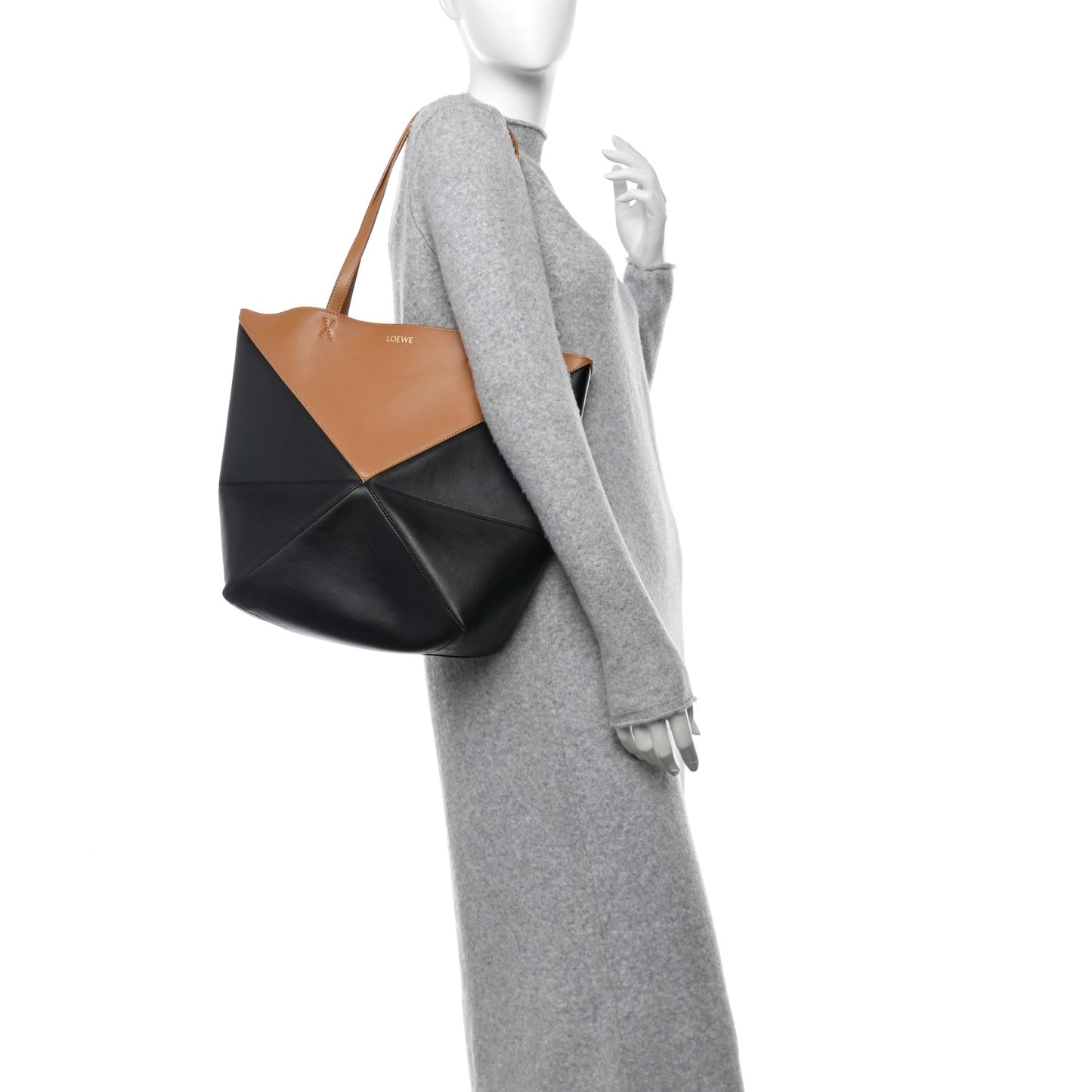 Shiny Calfskin Medium Puzzle Fold Tote Warm Desert Black