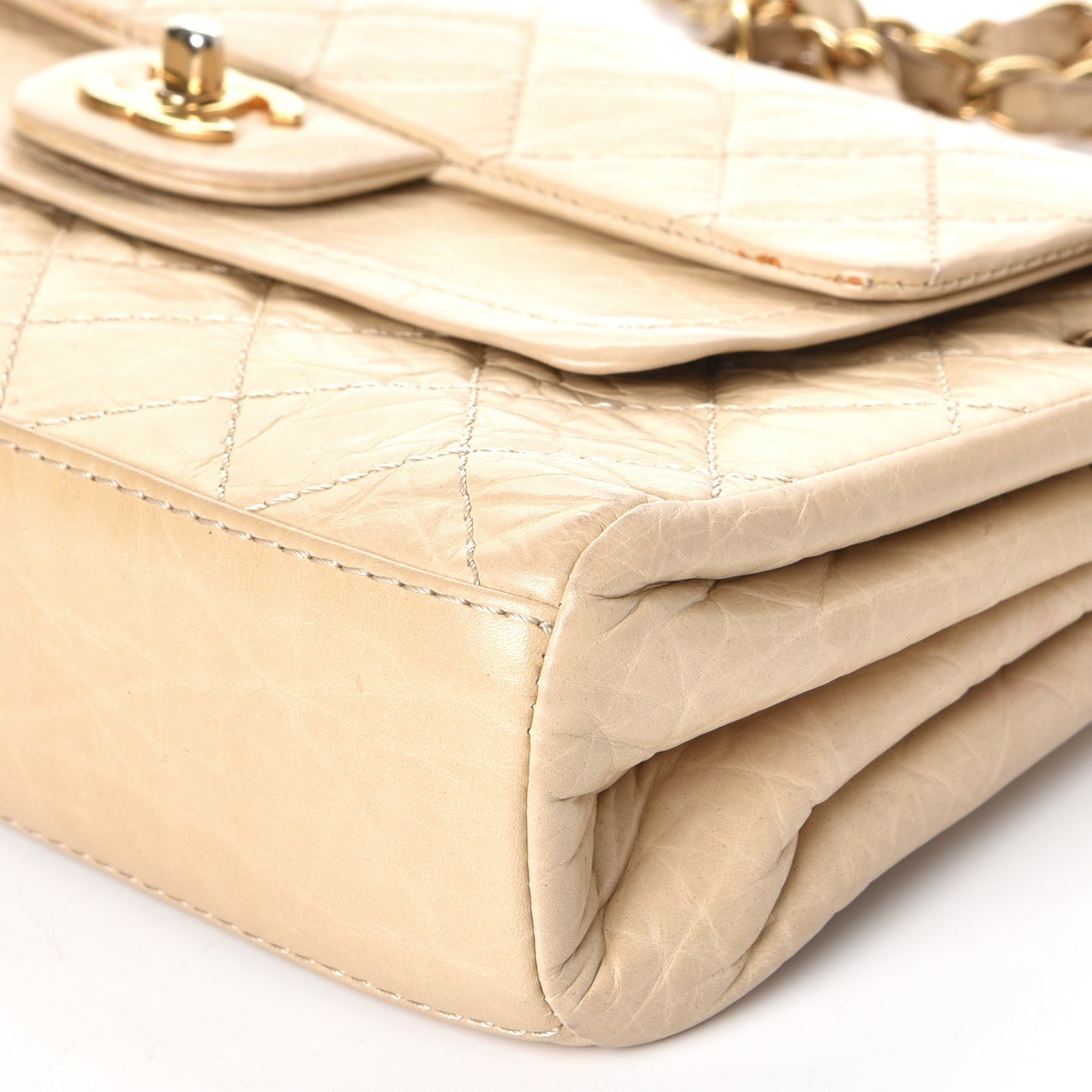 Aged Calfskin Quilted Accordion Double Flap Beige