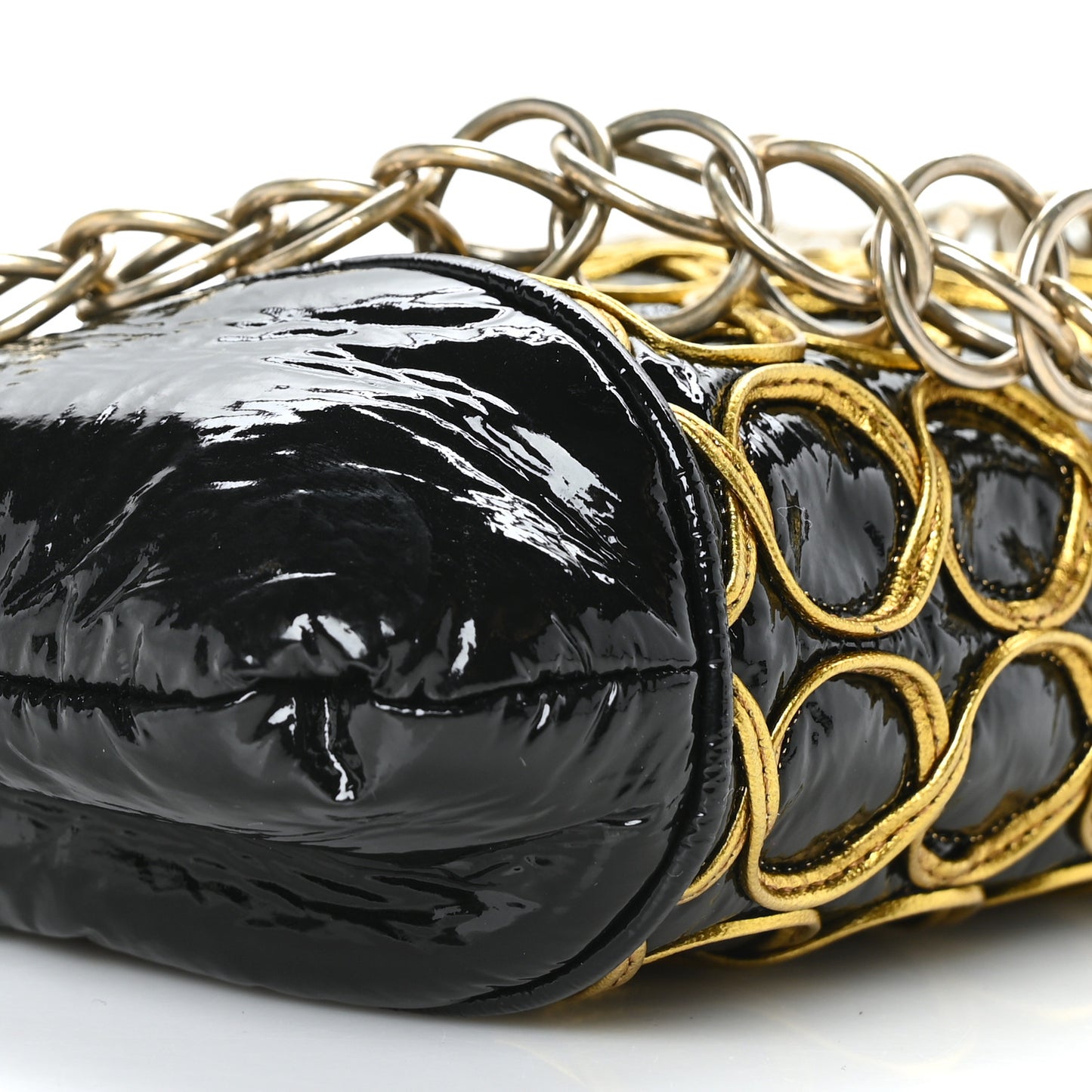 Patent Embroidered Clutch With Chain Black Gold