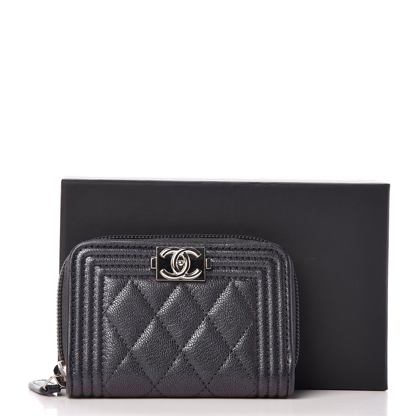 Iridescent Goatskin Quilted Boy Zip Around Coin Purse Wallet Black