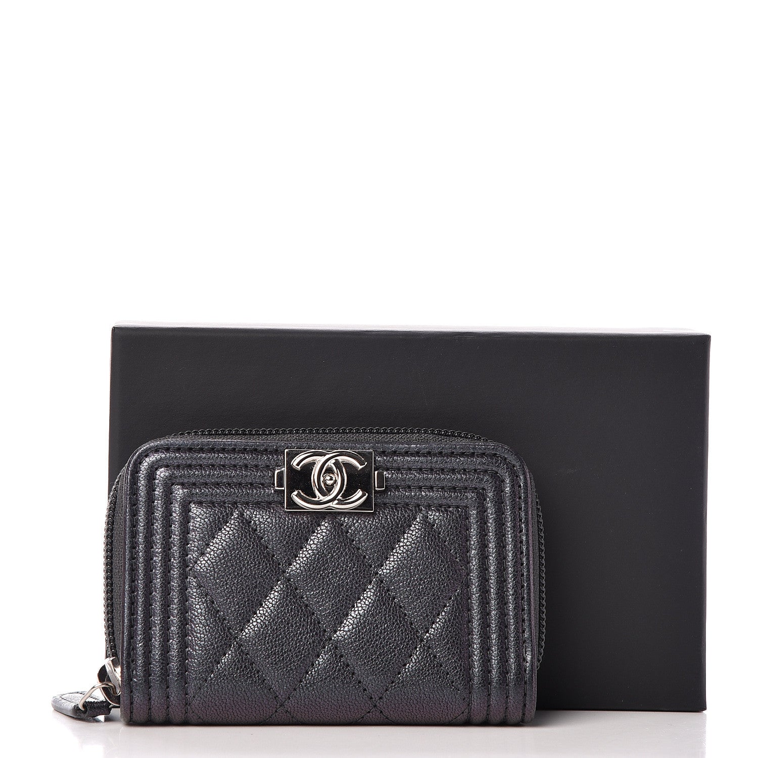 Chanel Iridescent Goatskin Quilted Boy Zip Around Coin Purse Wallet Black 8 of 8