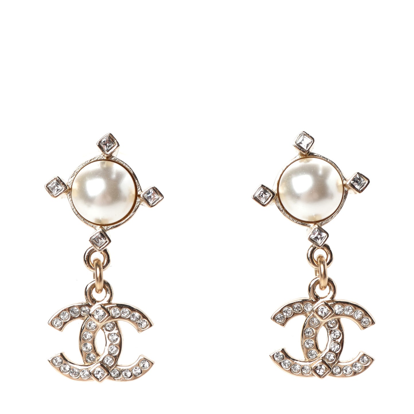 Crystal Pearl CC Drop Earrings Gold