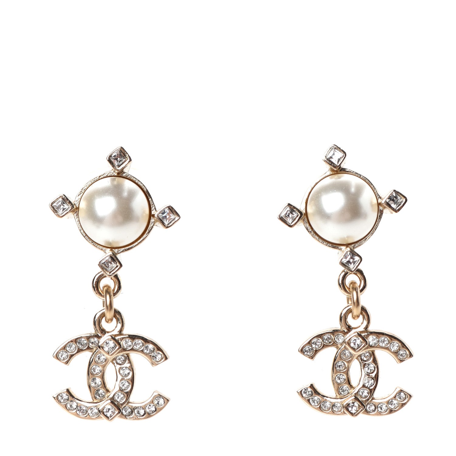 Chanel Crystal Pearl CC Drop Earrings Gold 1 of 4