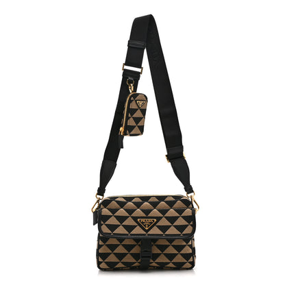 Prada Jacquard Saffiano Triangolo Symbole Embroidered Pocket Single Snap Buckle Messenger Flap Bag  Black Corda 1 of 10