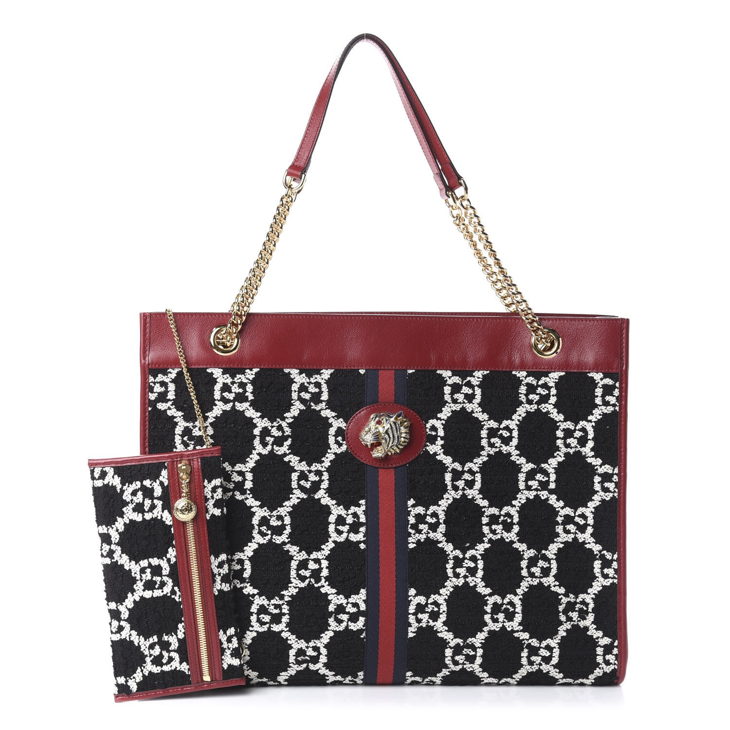 Gucci Tweed GG Monogram Large Rajah Chain Tote Romantic Cherry Black White 1 of 8