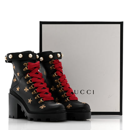 Gucci Calfskin Embroidered Lace Up Combat Ankle Boots 37 Black 11 of 11