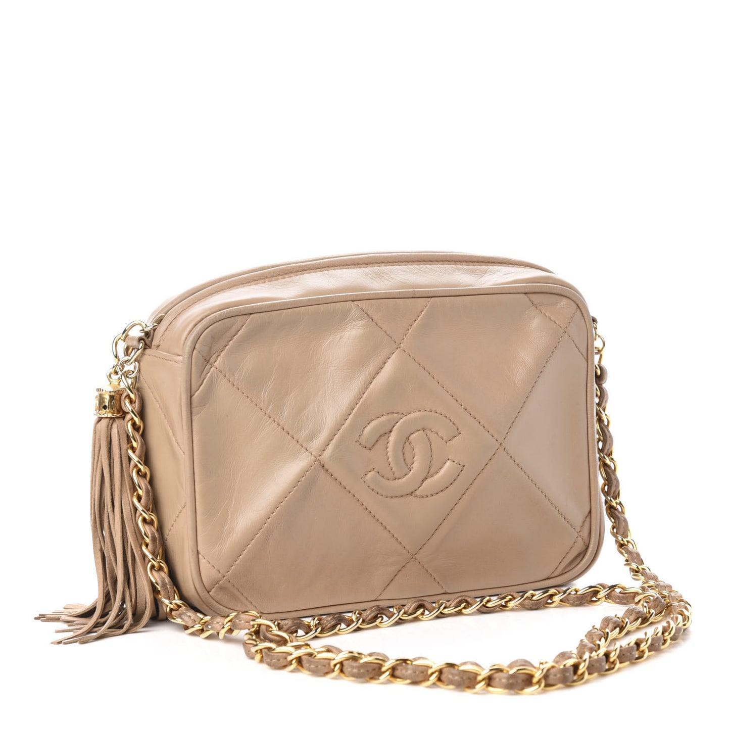 Lambskin Quilted Tassel Camera Case Beige