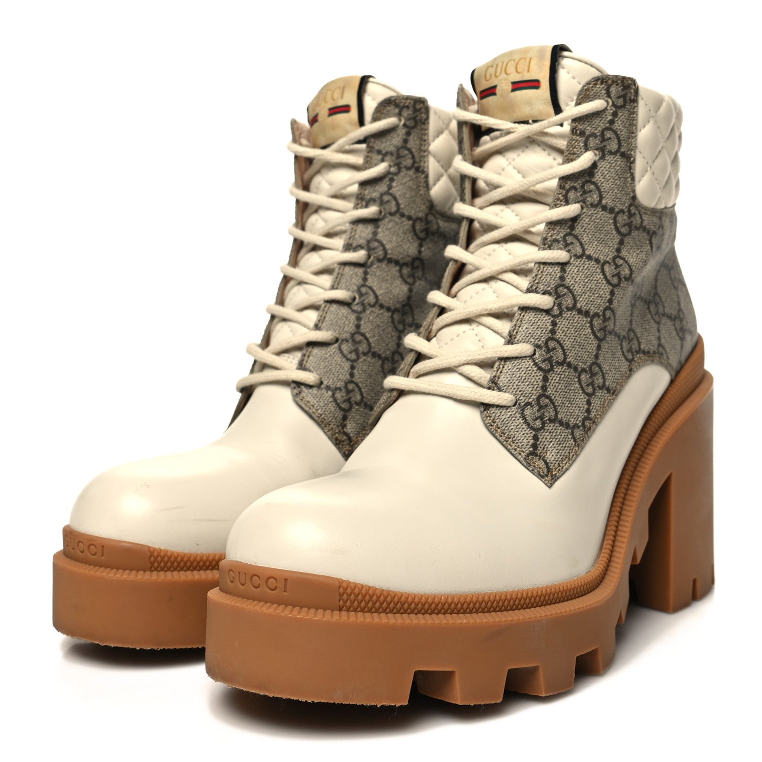 Gucci Calfskin GG Supreme Monogram Nappa Quilted Lace Up Ankle Boots 42 Mystic White Beige 3 of 10