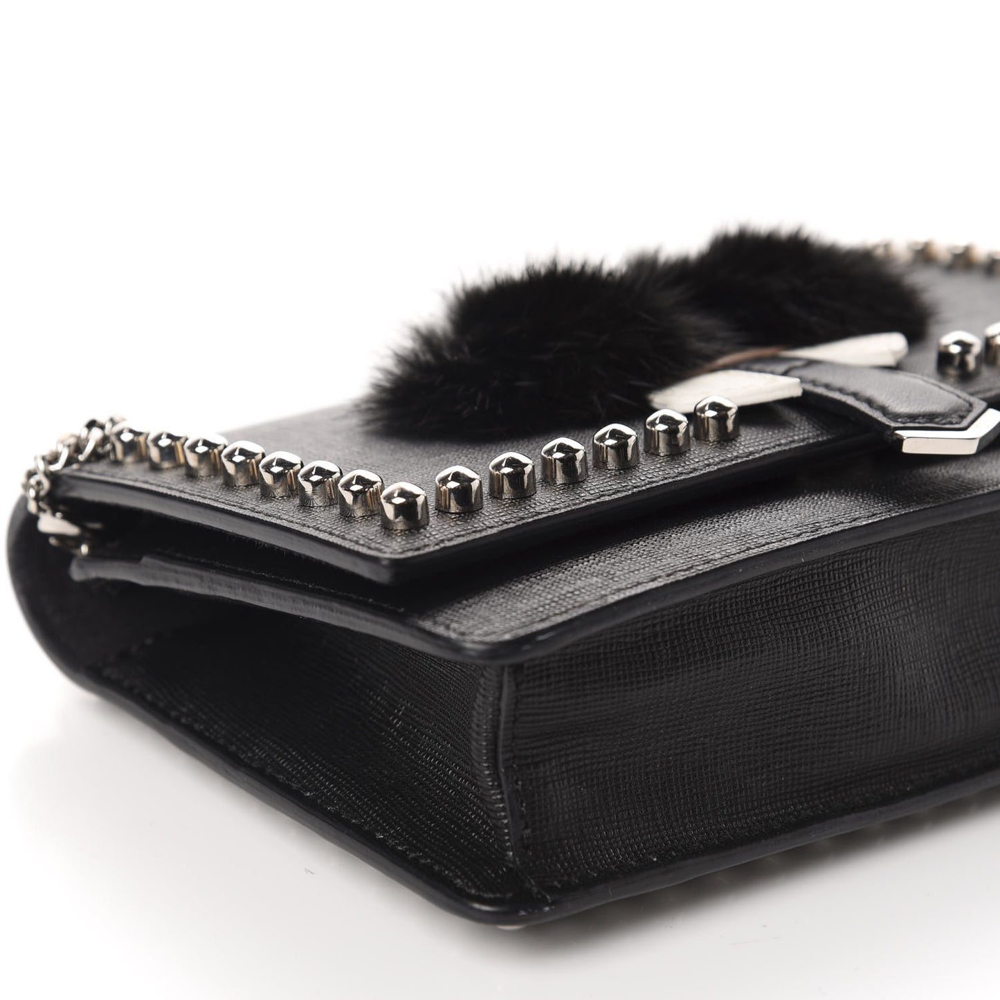 Vitello Elite Mink Fur Studded Karlito Tube Wallet on Chain Black