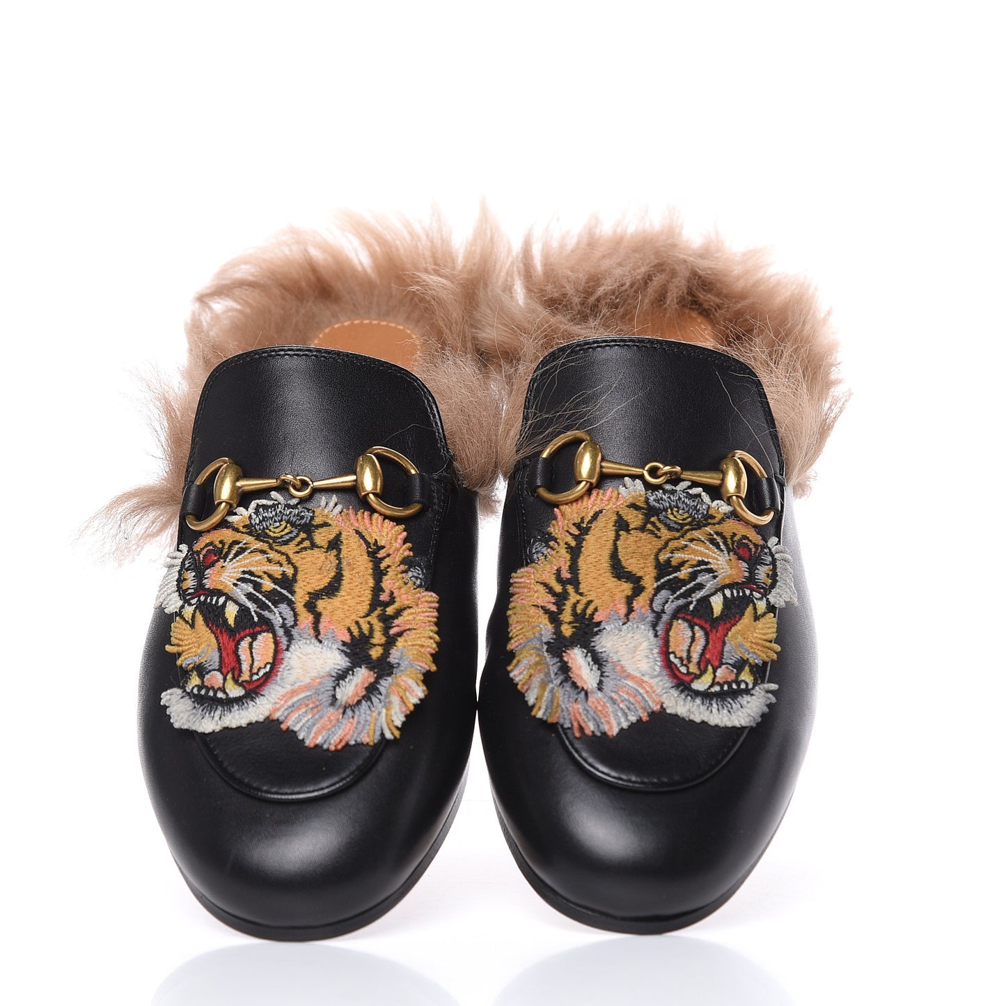 Calfskin Fur Tiger Embroidered Womens Princetown Slippers 34.5 Black