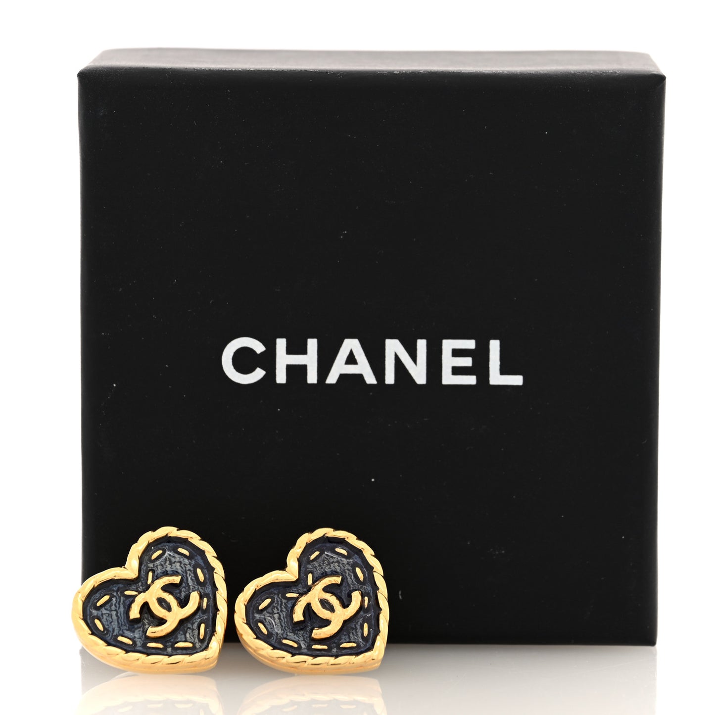 Metal Enamel CC Denim Heart Earrings Gold Blue