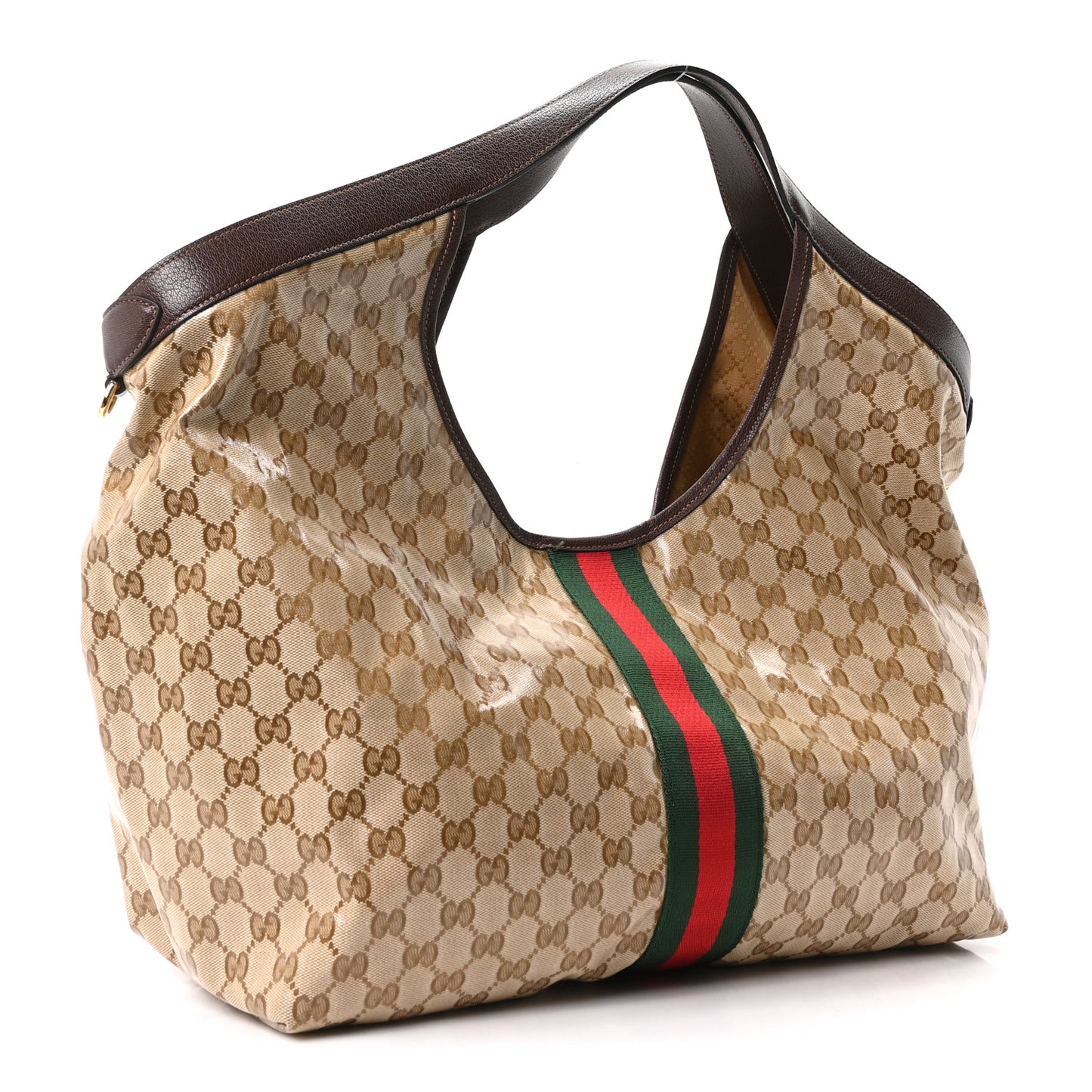 Varnished GG Monogram Web Large Giglio Tote Sand Dark Brown