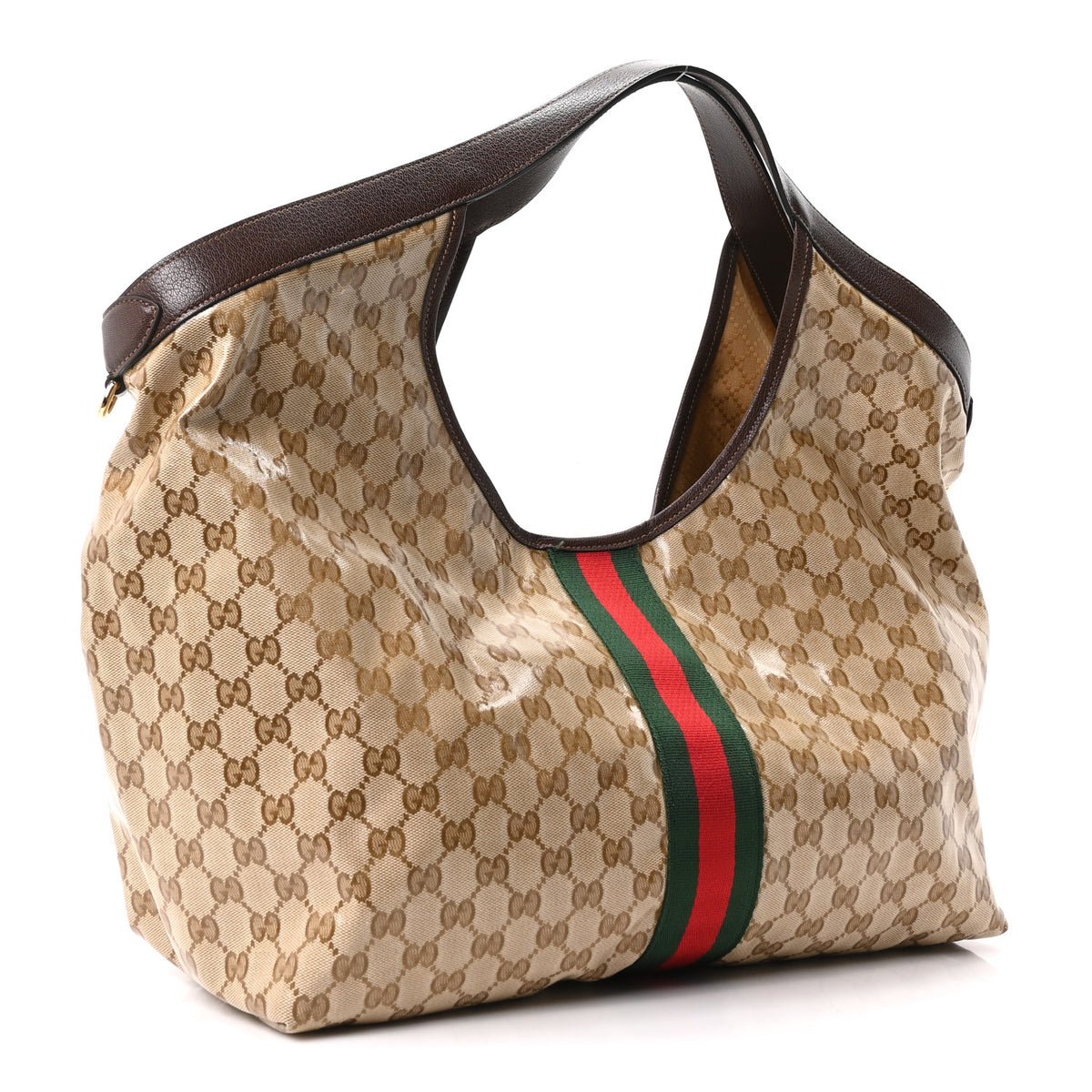 Gucci Varnished GG Monogram Web Large Giglio Tote Sand Dark Brown 4 of 10