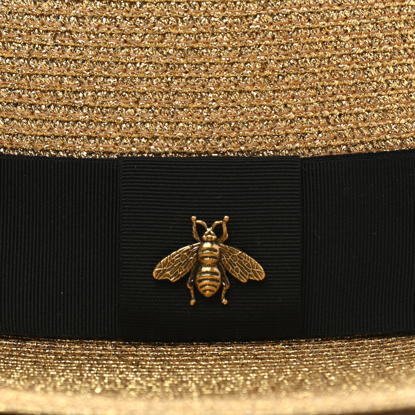 Glittered Straw Grosgrain Wide Brim Hat XL Gold Black