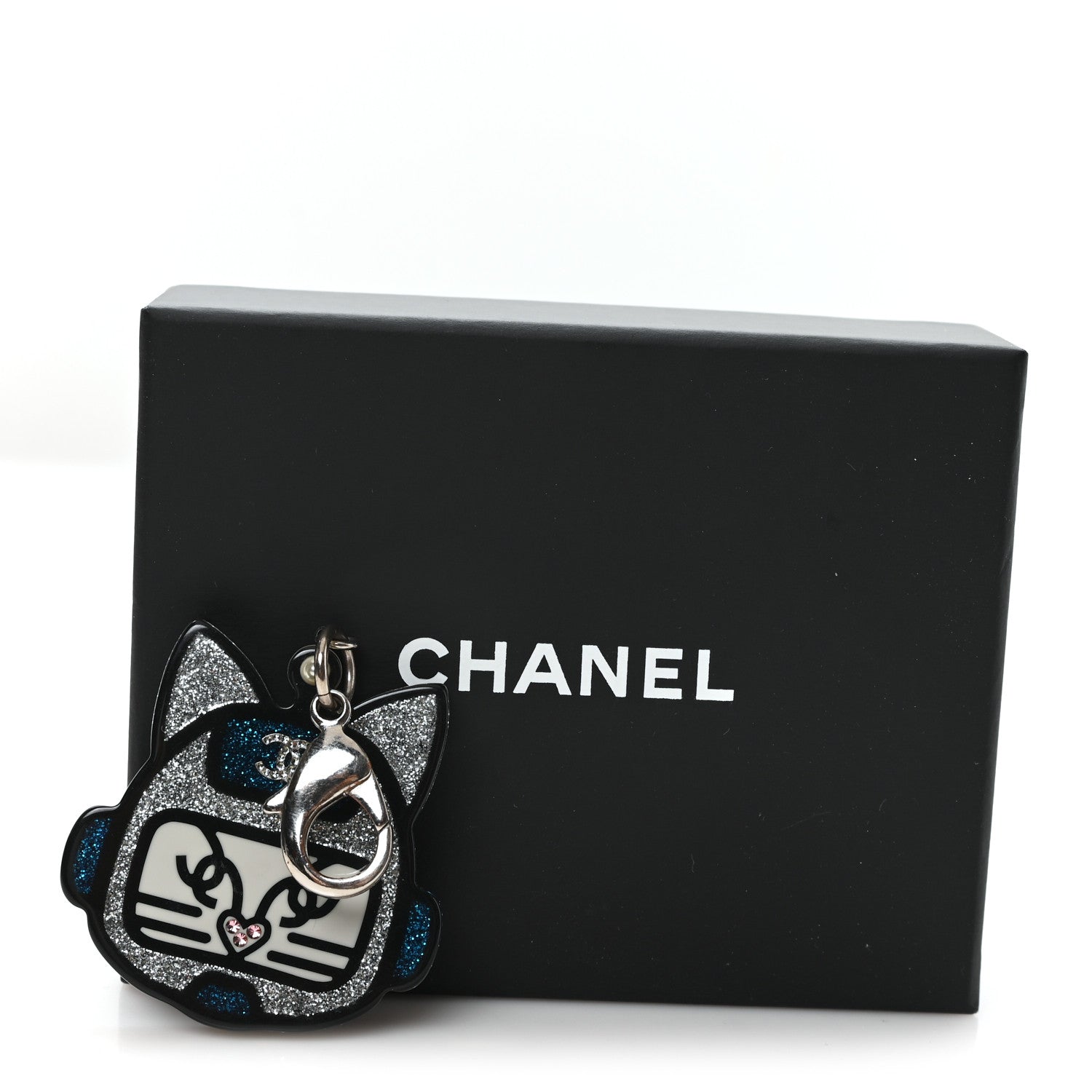 Chanel Resin Crystal Cat Emoji Bag Charm Black Blue Silver 4 of 4