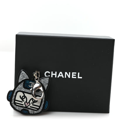 Chanel Resin Crystal Cat Emoji Bag Charm Black Blue Silver 4 of 4