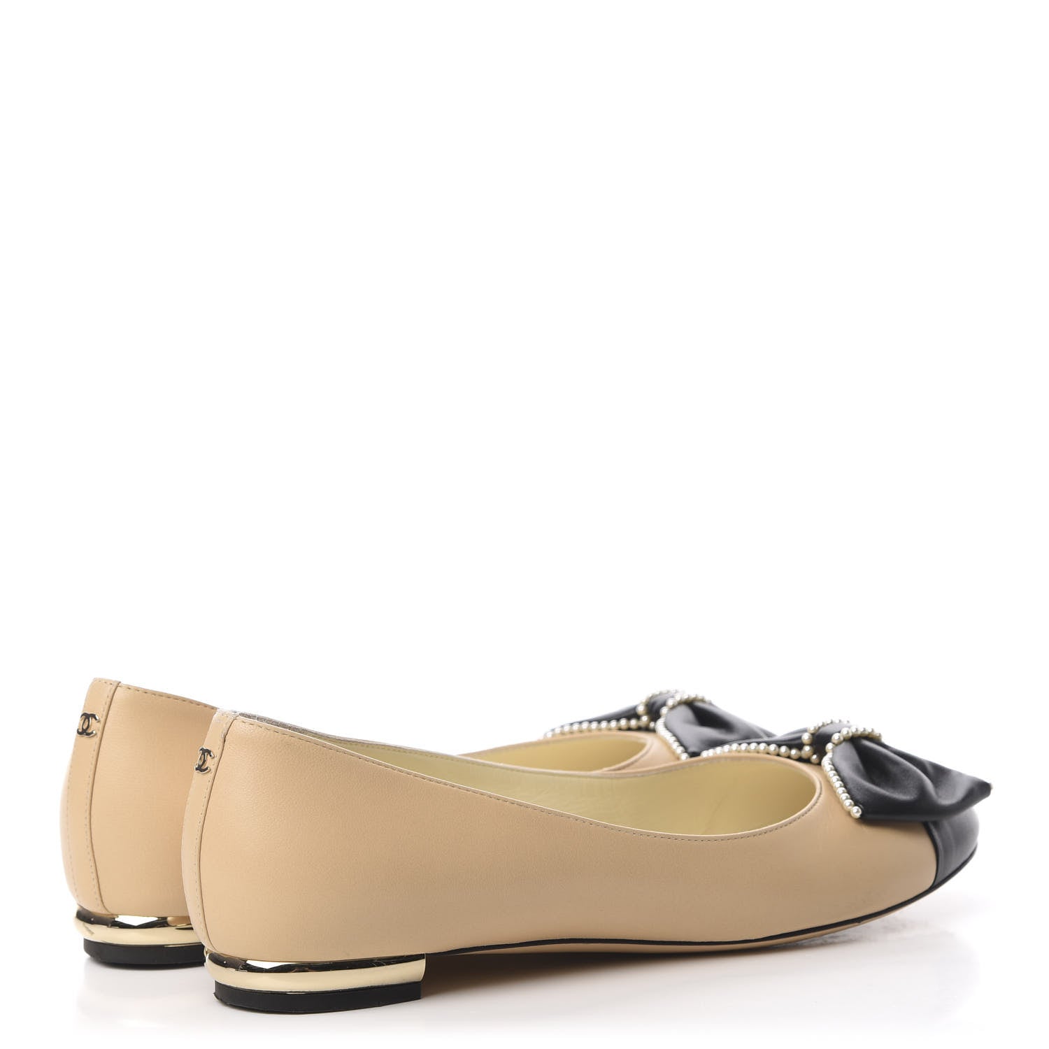 Chanel Lambskin Pearl Bow Ballerina Flats 37 Beige Black 4 of 14