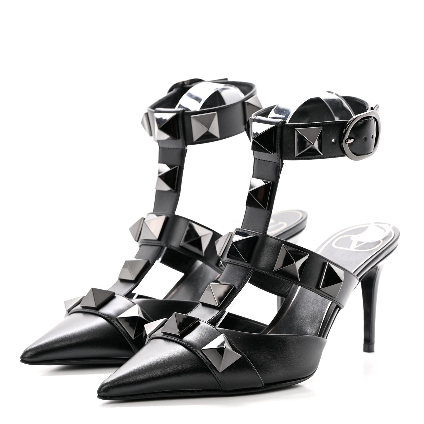 Calfskin Monochrome Roman Stud Ankle Strap 80mm Pumps 37 Black