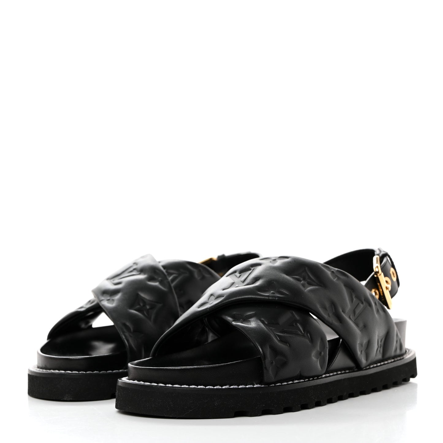 Lambskin Monogram Embossed Paseo Flat Comfort Sandals 36 Black