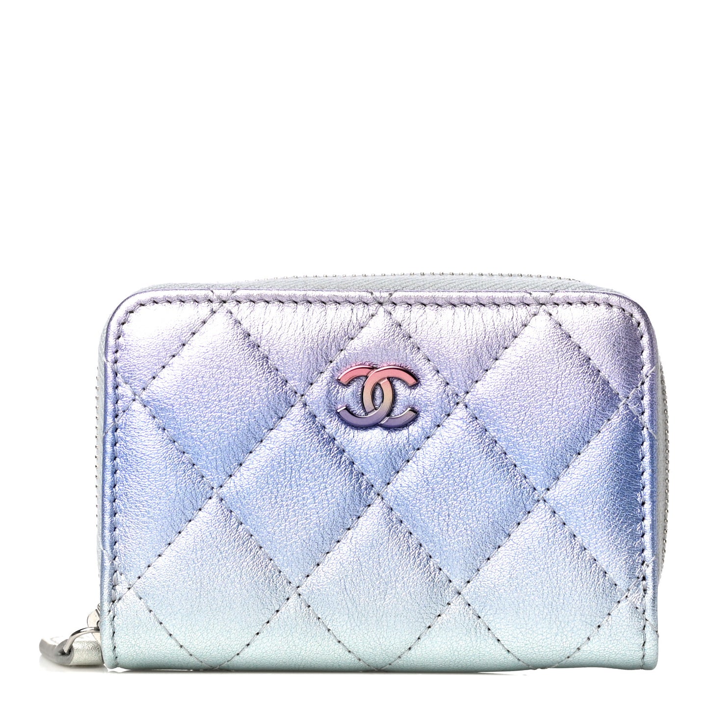 Gradient Metallic Calfskin Quilted Zip Around Coin Purse Wallet Silver Blue Yellow Purple