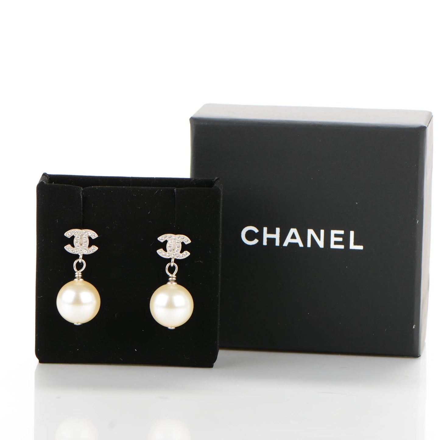 Crystal Pearl CC Drop Earrings Silver