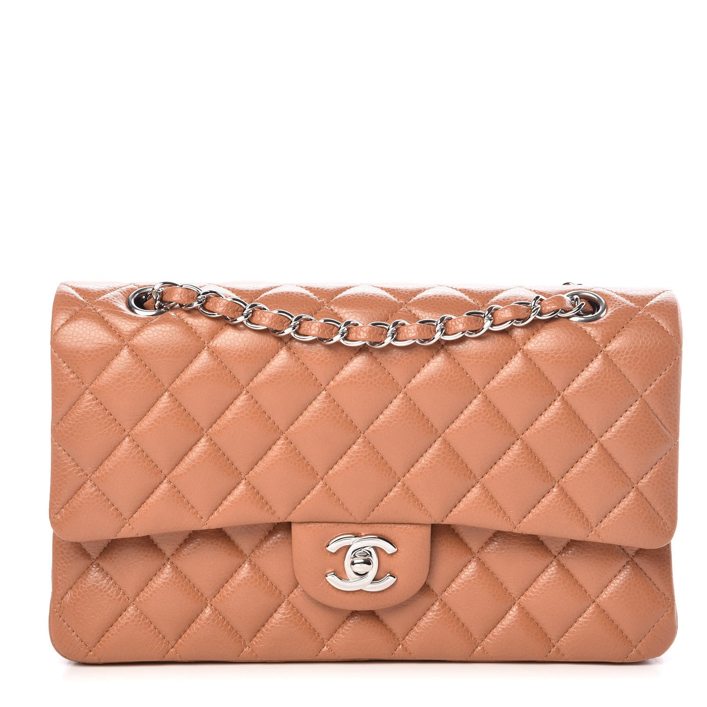 Caviar Quilted Medium Double Flap Light Brown