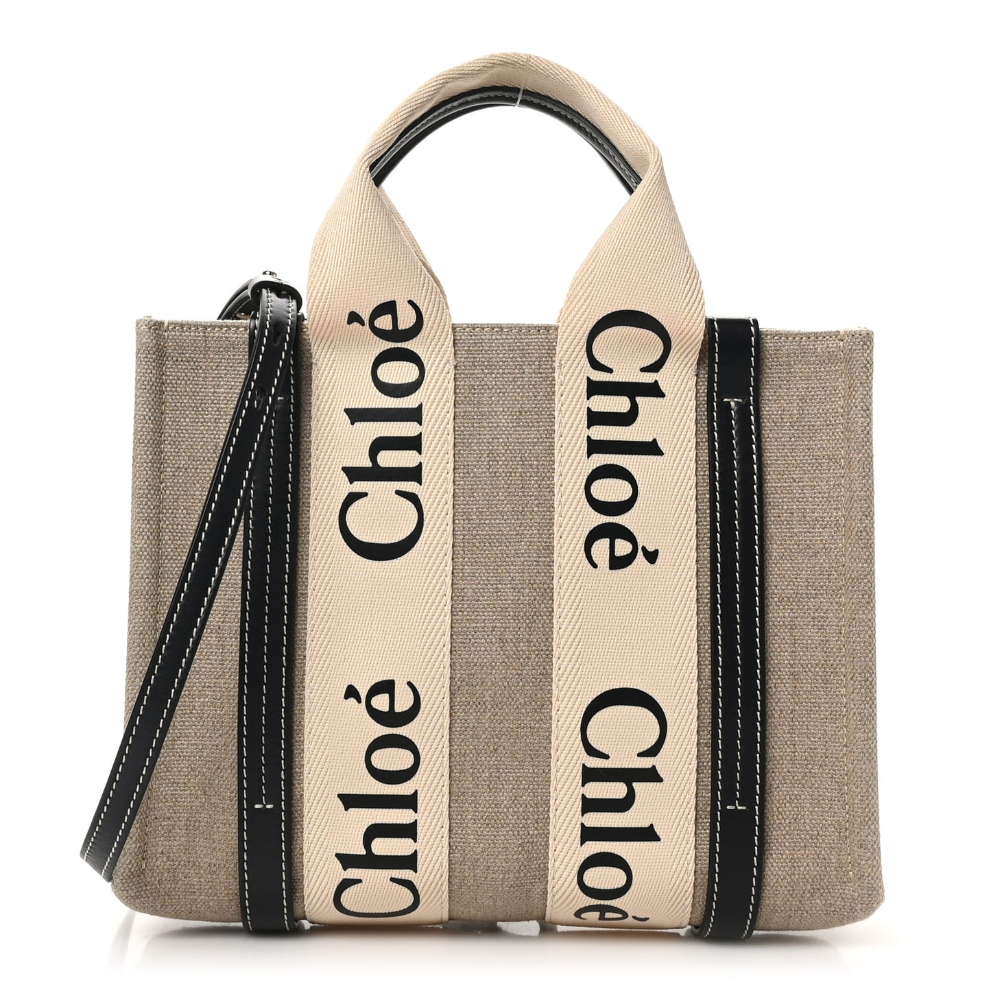 Linen Calfskin Small Woody Ribbon Tote With Strap White Navy