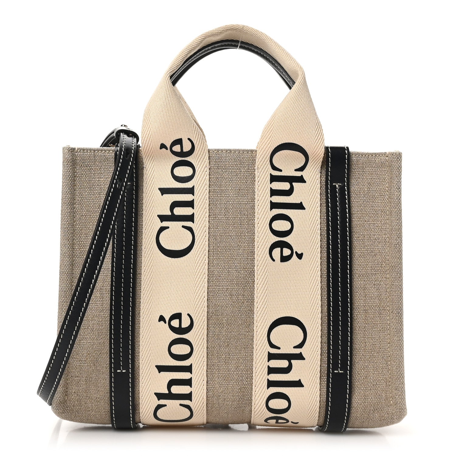 Chloe Linen Calfskin Small Woody Ribbon Tote With Strap White Navy 1 of 9