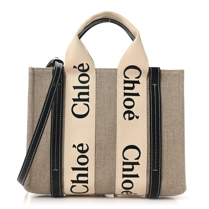 Chloe Linen Calfskin Small Woody Ribbon Tote With Strap White Navy 1 of 9