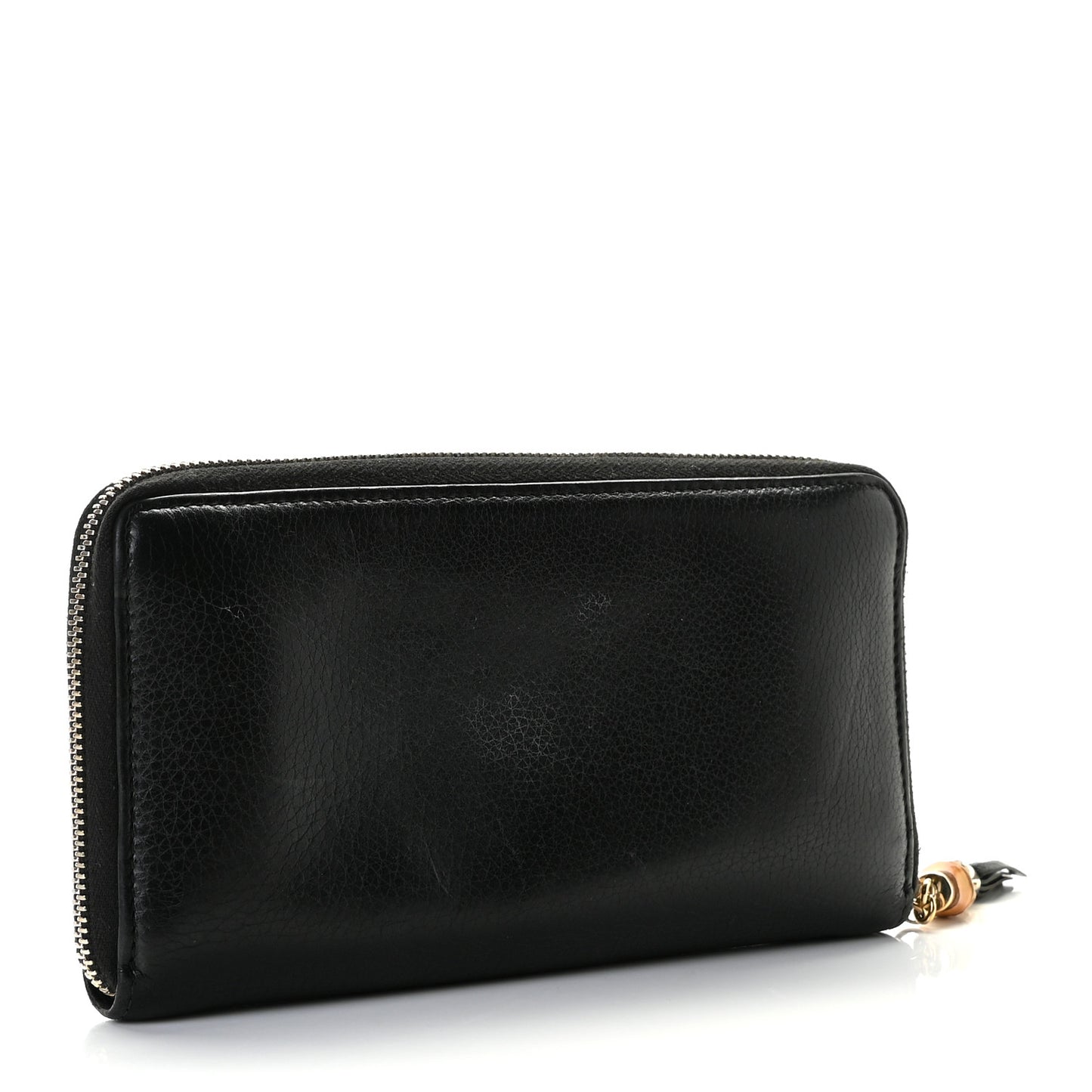 Pebbled Calfskin Bamboo Tassel Zip Around Wallet Black