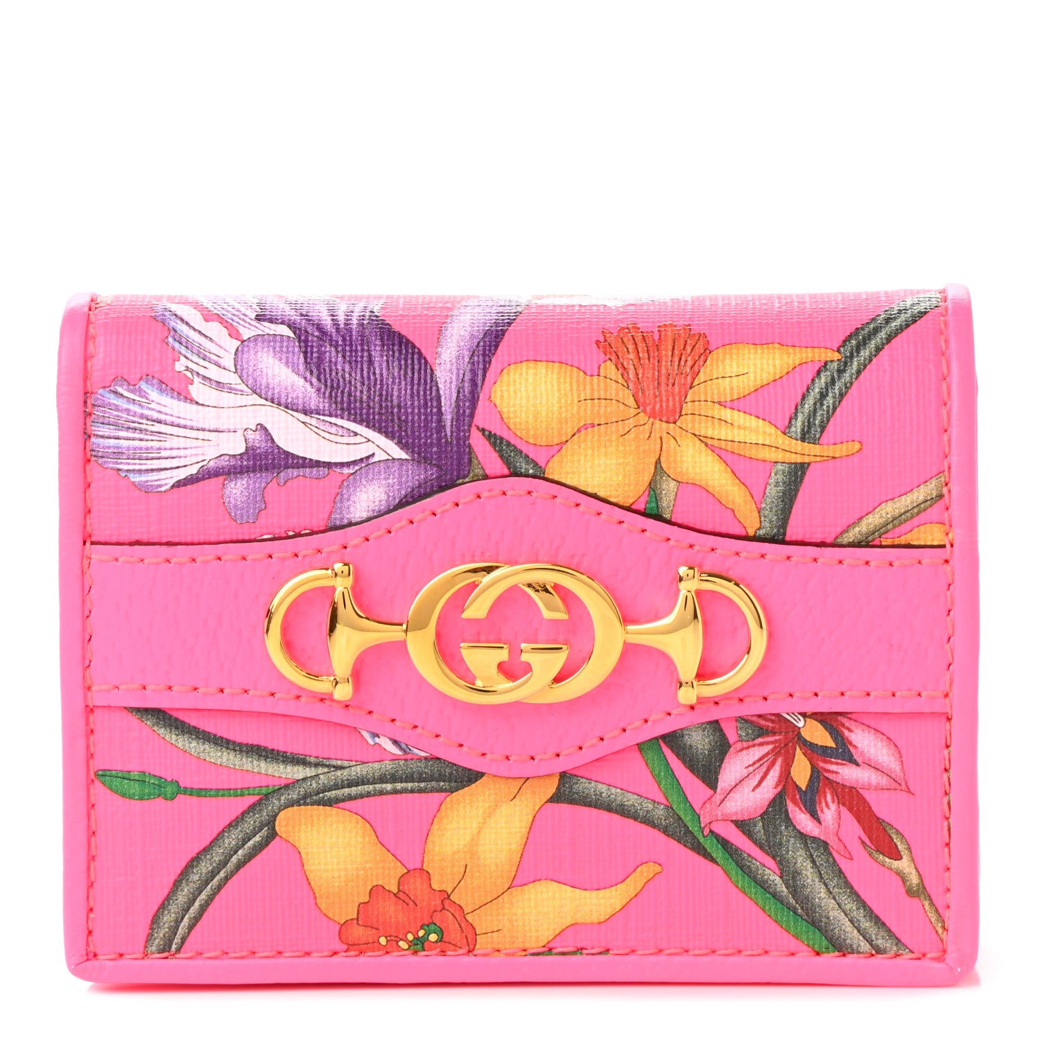 Gucci Calfskin Flora Print Zumi Card Case Wallet Pink 1 of 8