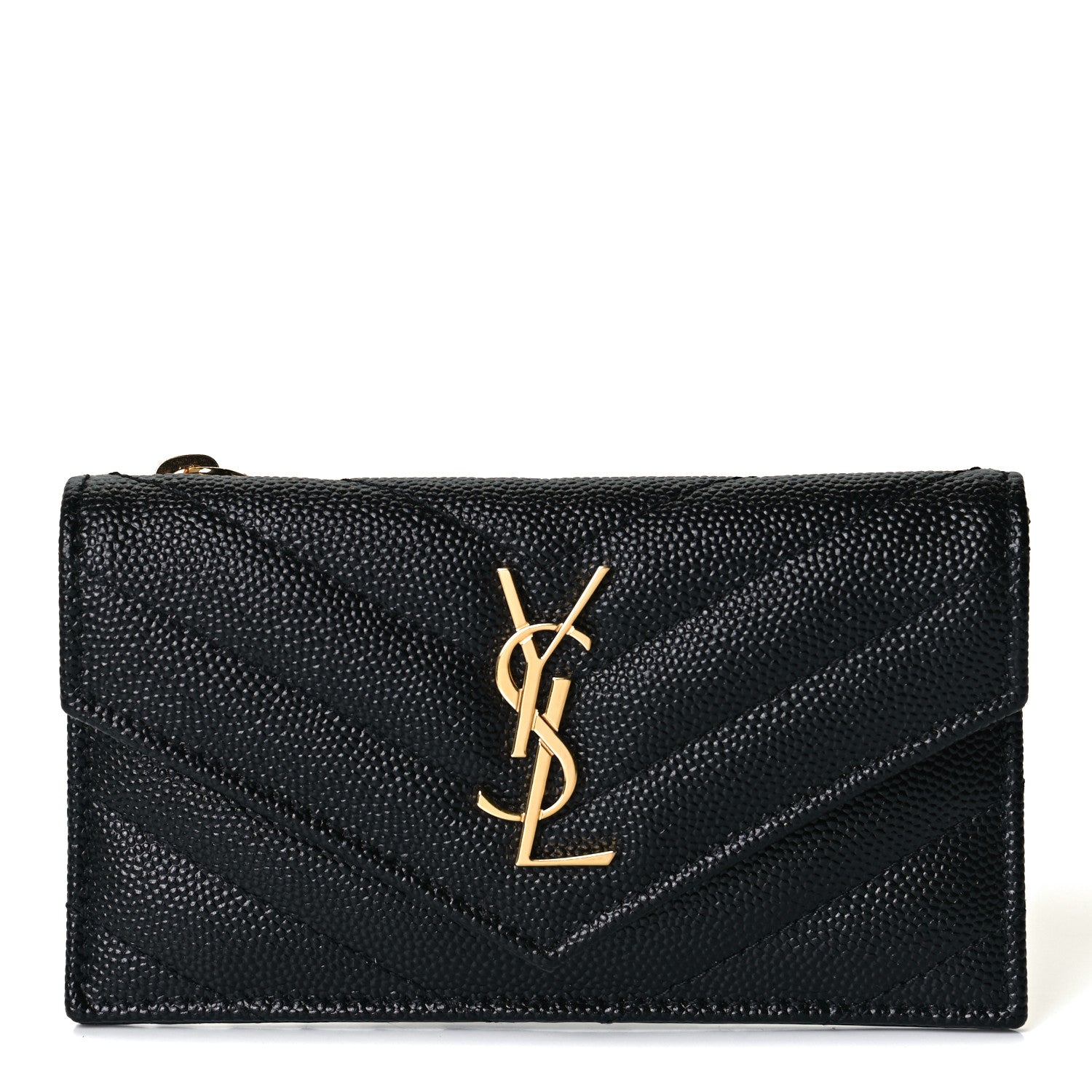 Saint Laurent Grain De Poudre Matelasse Chevron Monogram Compact Wallet Black 1 of 6
