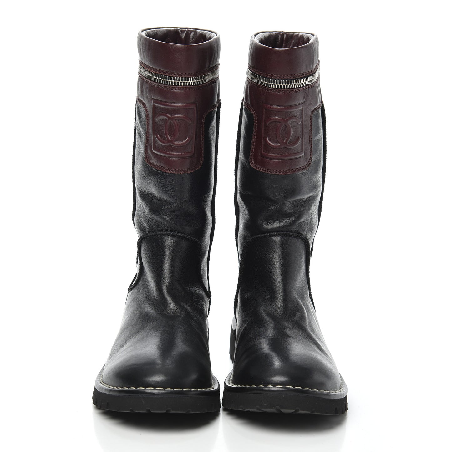 Calfskin Motorcycle Zipper Boots 37.5 Black Burgundy