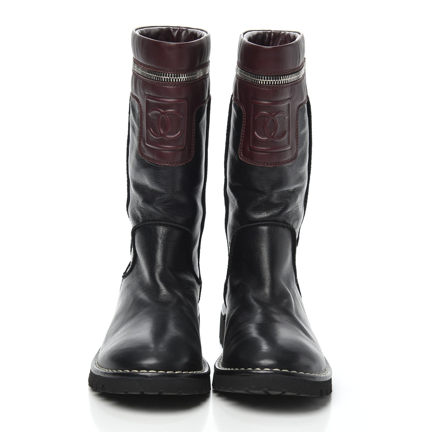 Chanel Calfskin Motorcycle Zipper Boots 37.5 Black Burgundy 2 of 6