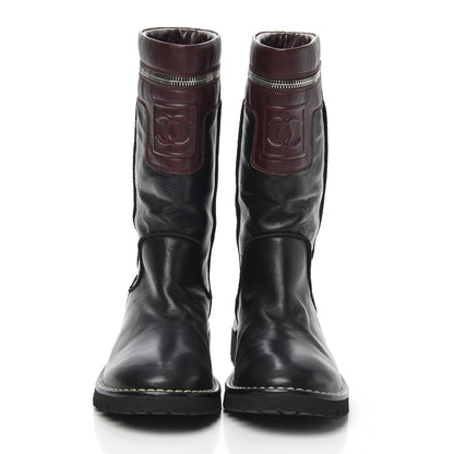 Chanel Calfskin Motorcycle Zipper Boots 37.5 Black Burgundy 2 of 6