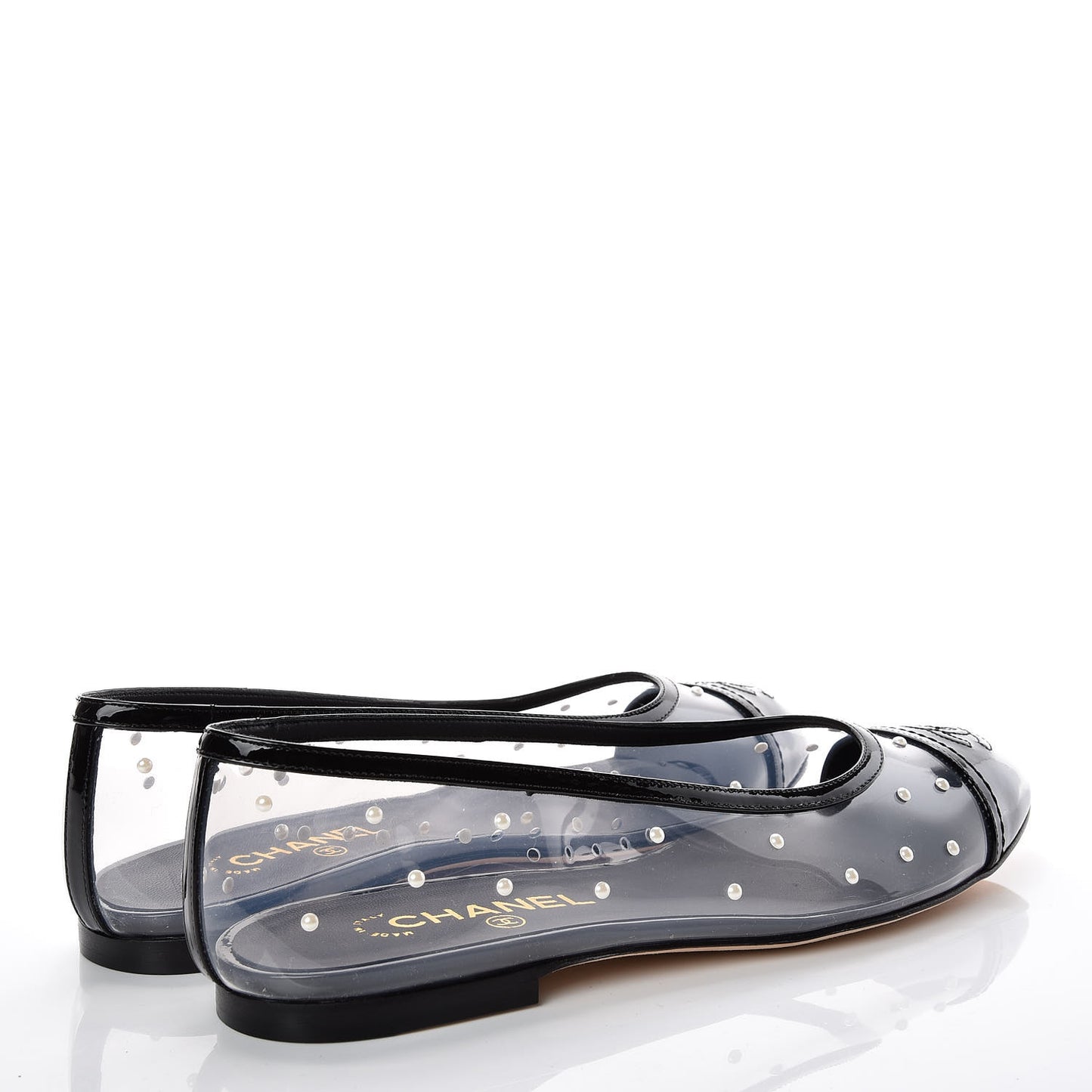 PVC Patent Calfskin Pearl Cap Toe Ballerina Flats 40 Transparent Black