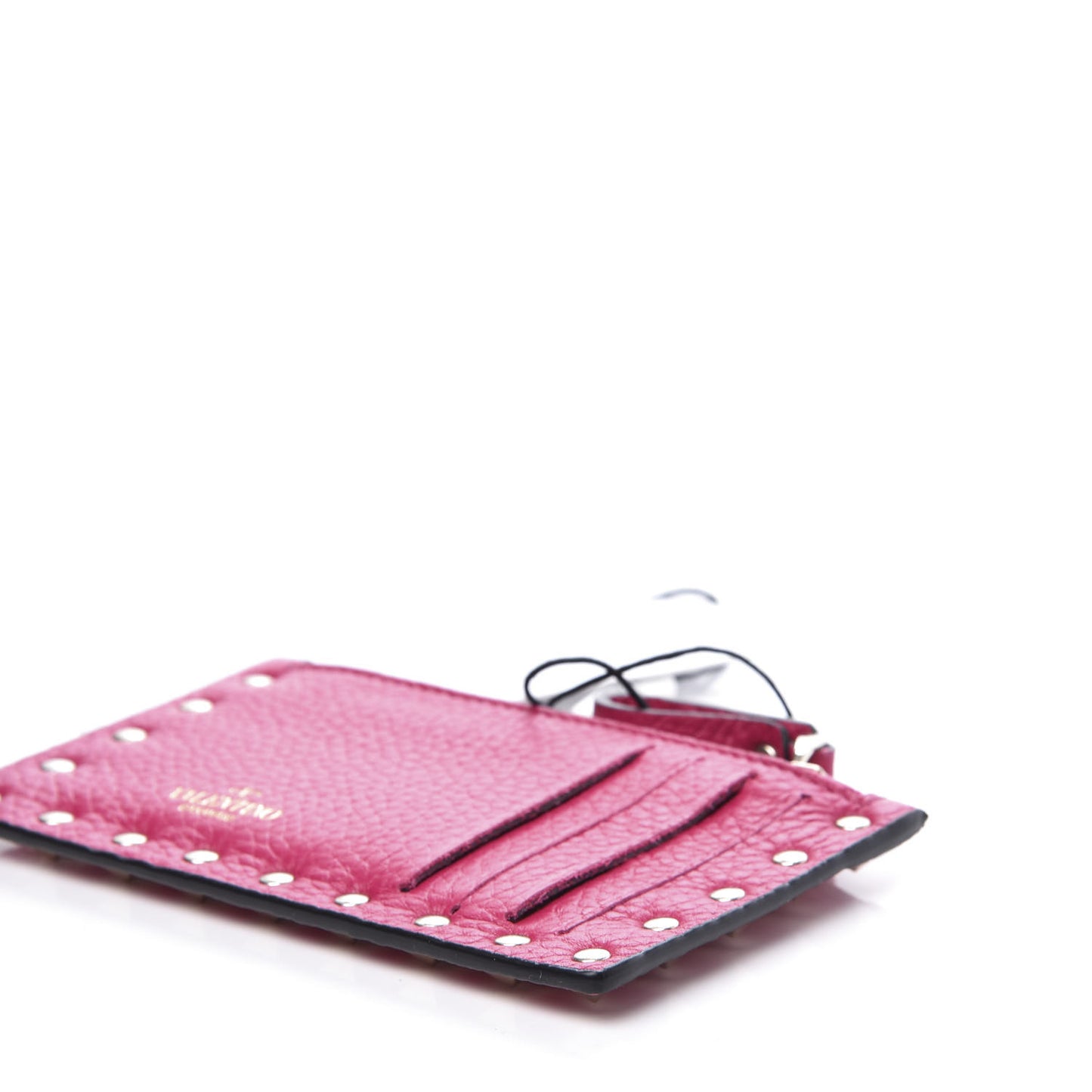Pebbled Calfskin Rockstud Coin Case Card Holder Disco Pink