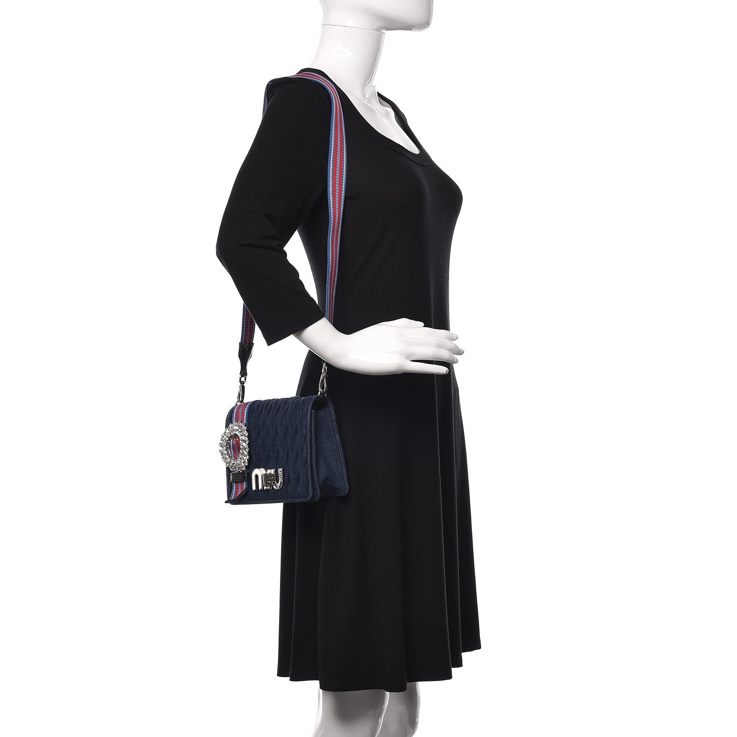 Miu Miu Denim Matelasse Crystal Embellished Shoulder Bag Blue Rosso 2 of 10