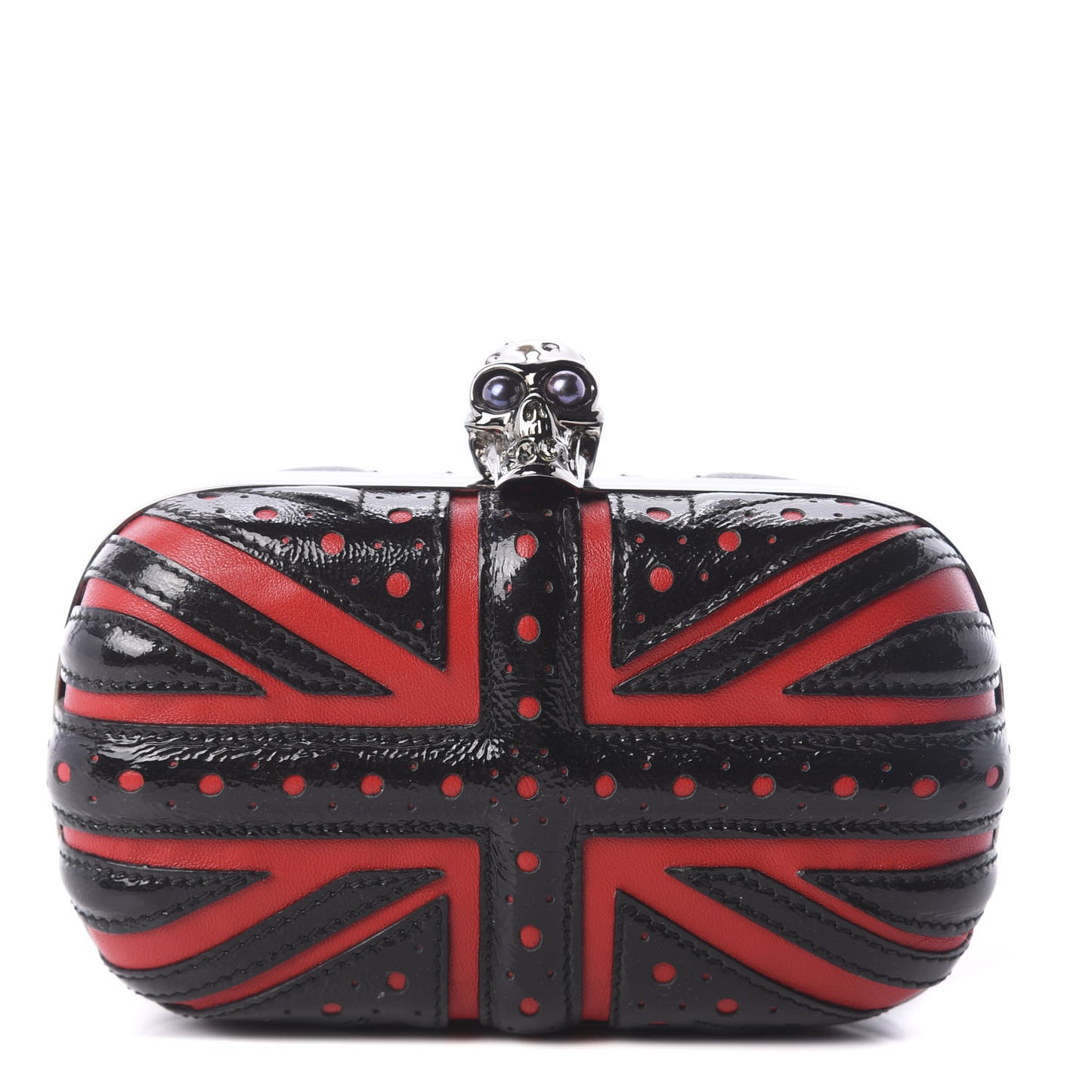 Patent Calfskin Britannia Skull Box Clutch Red Black