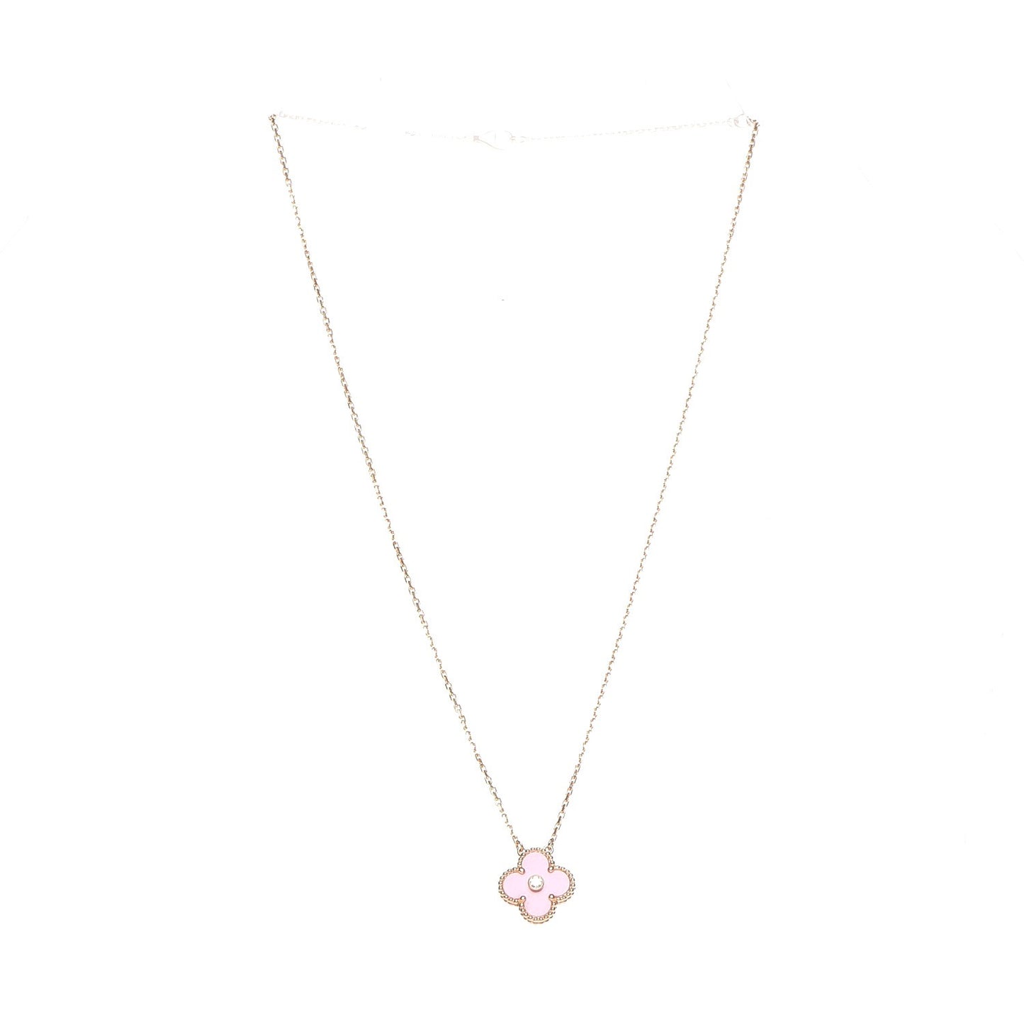 18K Rose Gold Diamond Pink Porcelain Vintage Alhambra Pendant Necklace