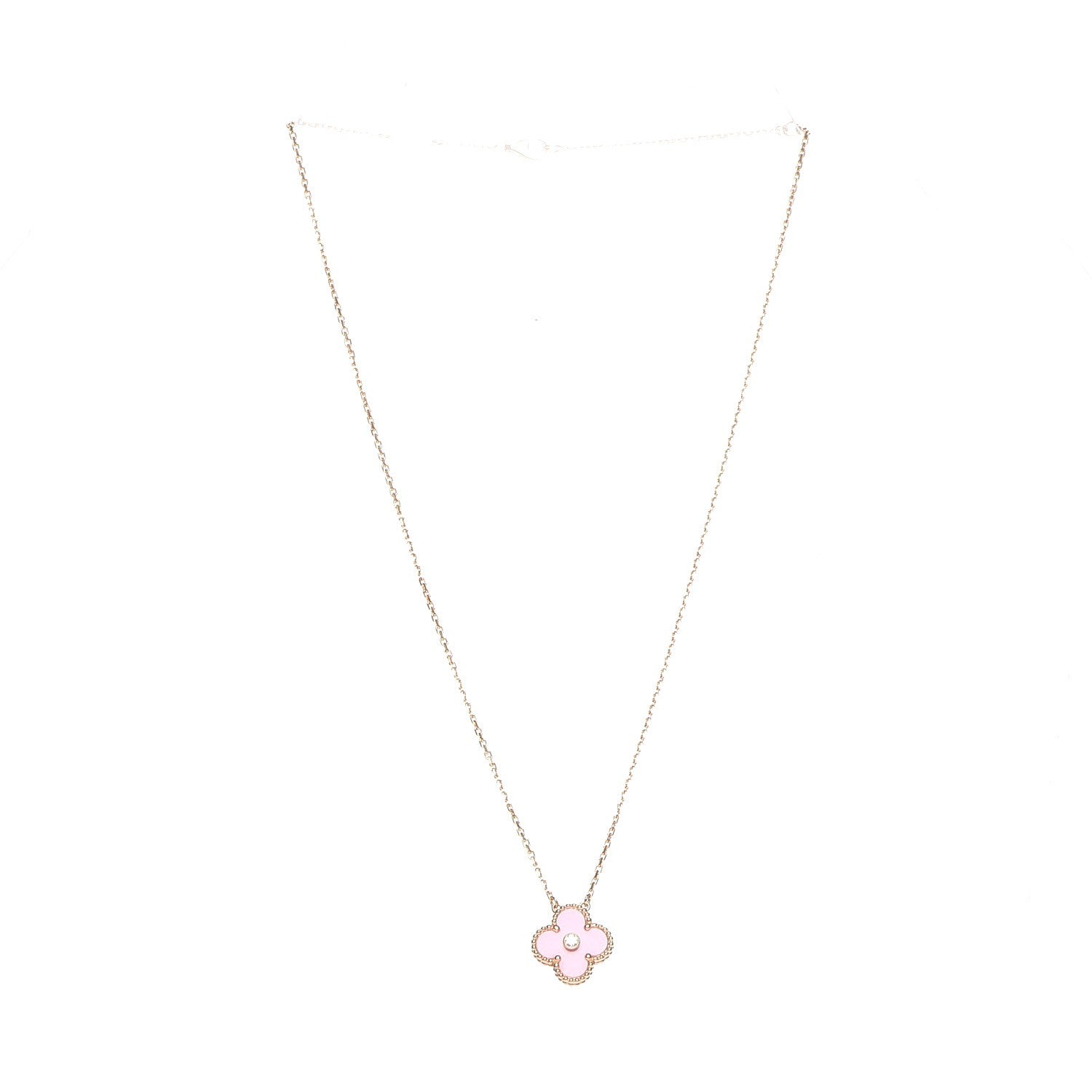 Van Cleef & Arpels 18K Rose Gold Diamond Pink Porcelain Vintage Alhambra Pendant Necklace 3 of 8