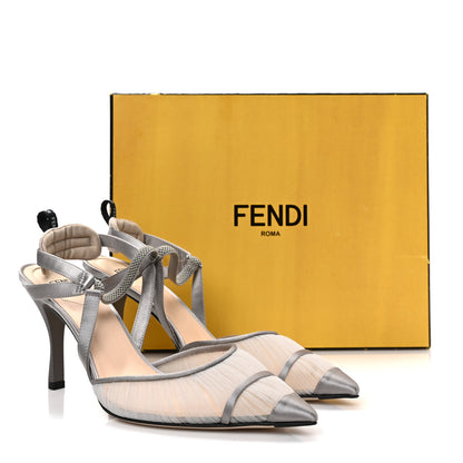Fendi Tulle Satin Colibri Lite 85mm Slingback Pumps 39 Brina Graphite Ghiaia 8 of 8