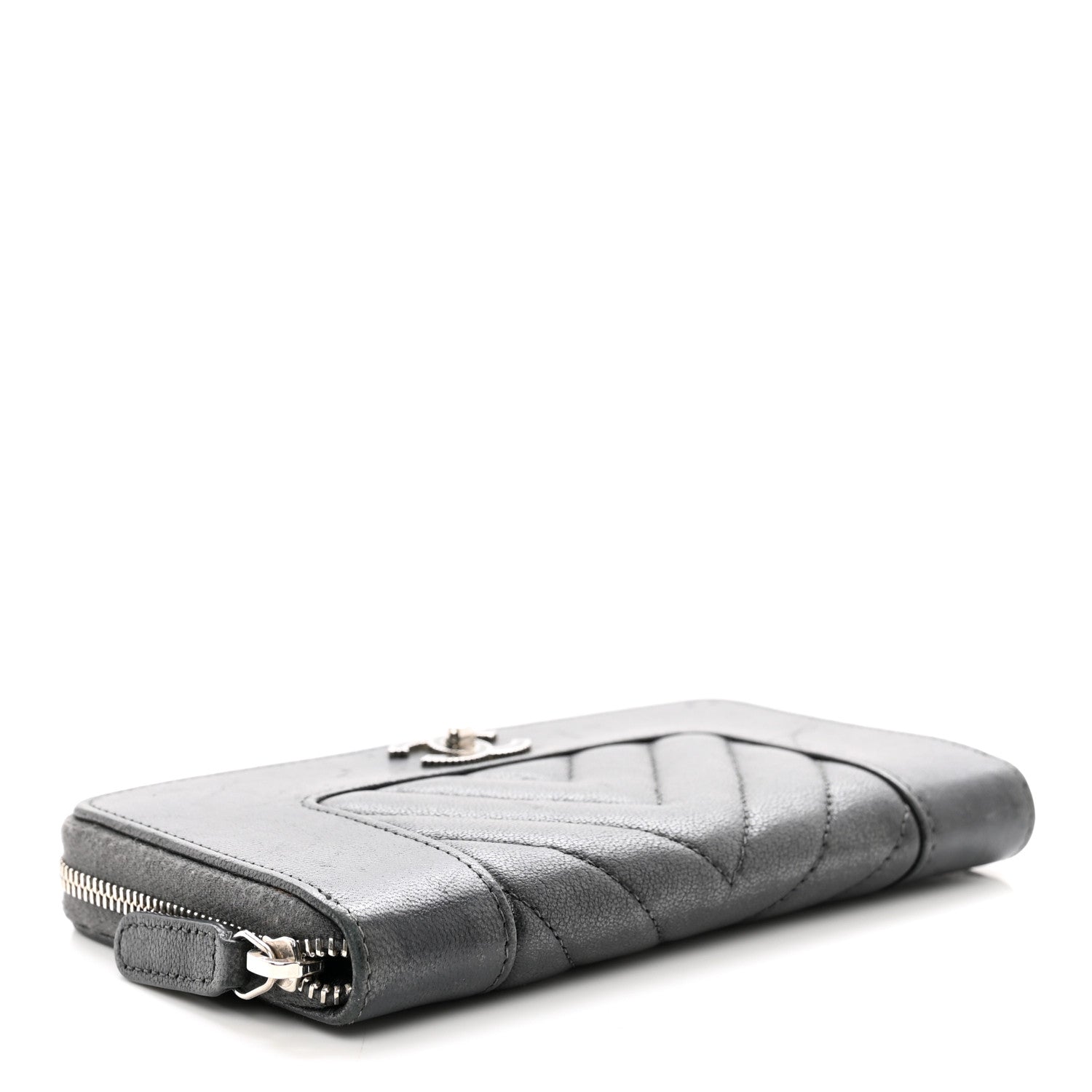 Chanel Sheepskin Chevron Quilted Mademoiselle Vintage Zip Around Wallet Grey 4 of 9