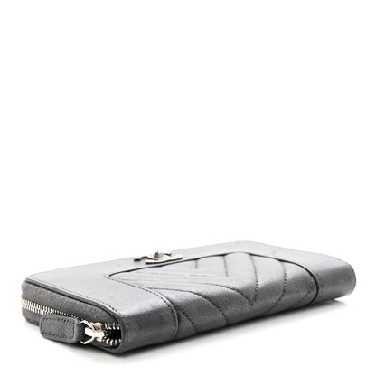 Chanel Sheepskin Chevron Quilted Mademoiselle Vintage Zip Around Wallet Grey 4 of 9
