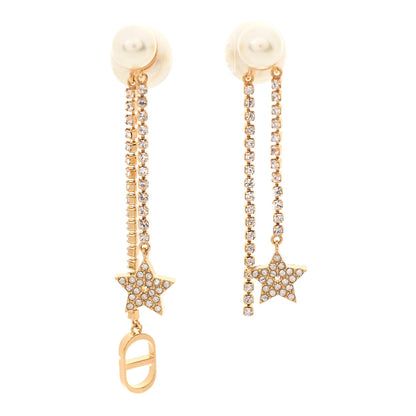 Christian Dior Pearl Crystal Star Tribale Dangle Chain Earrings Gold 1 of 6
