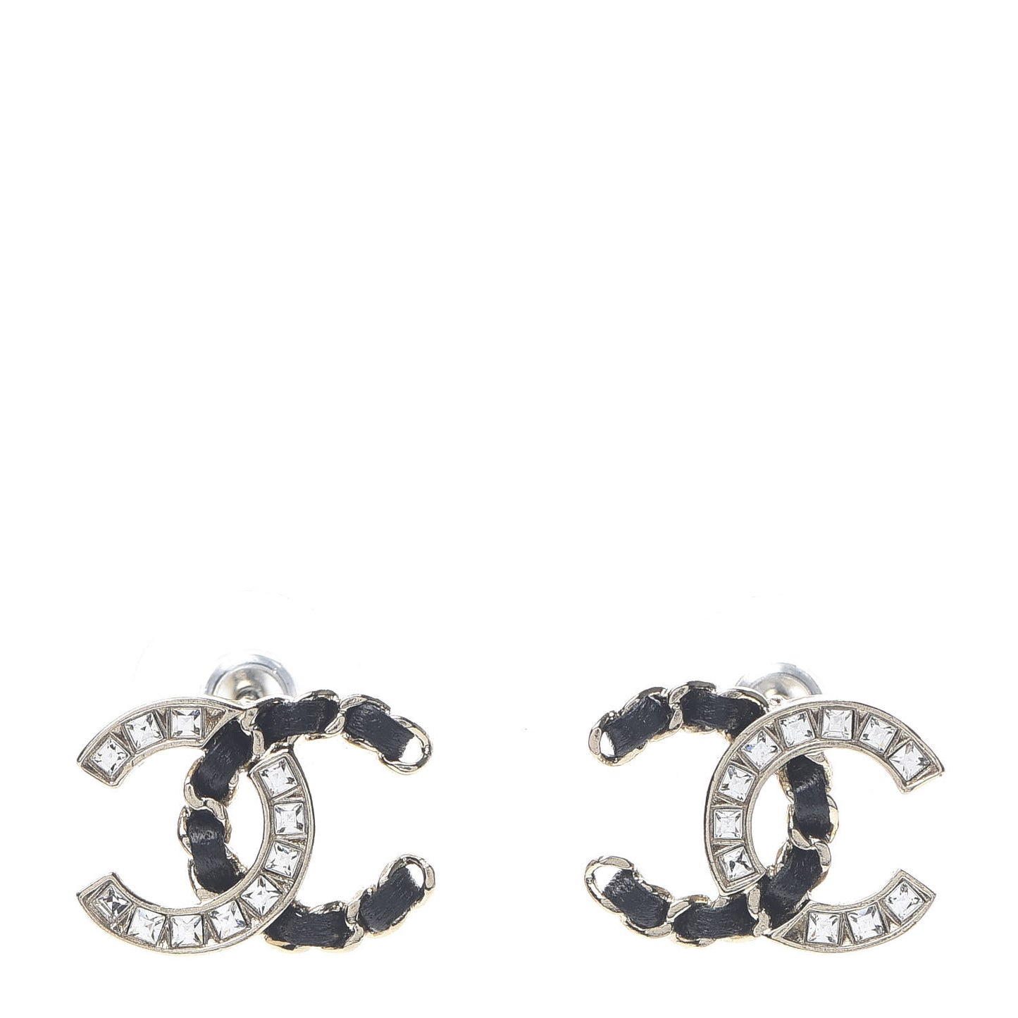 Crystal Baguette Lambskin Chain CC Vintage Allure Stud Earrings Black Gold