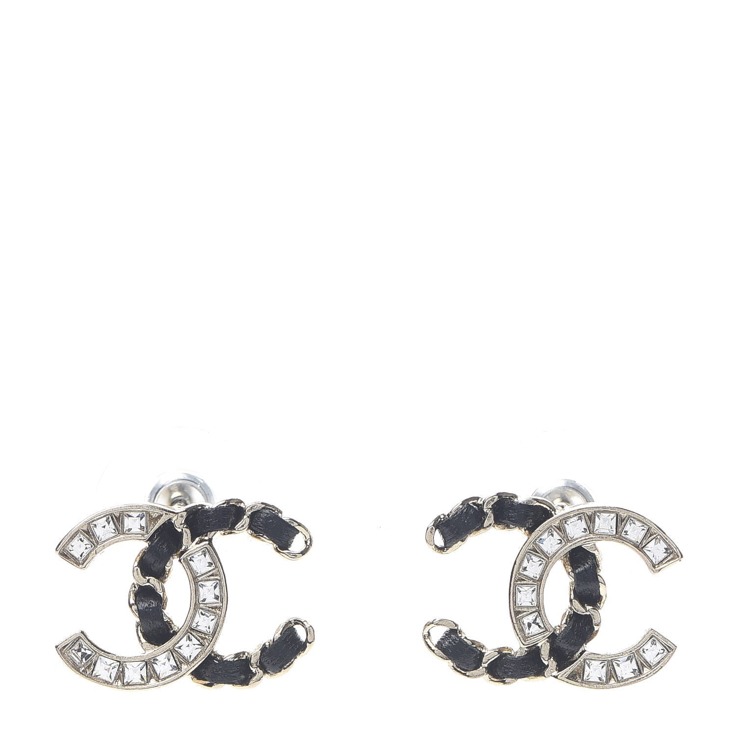 Chanel Crystal Baguette Lambskin Chain CC Vintage Allure Stud Earrings Black Gold 1 of 5