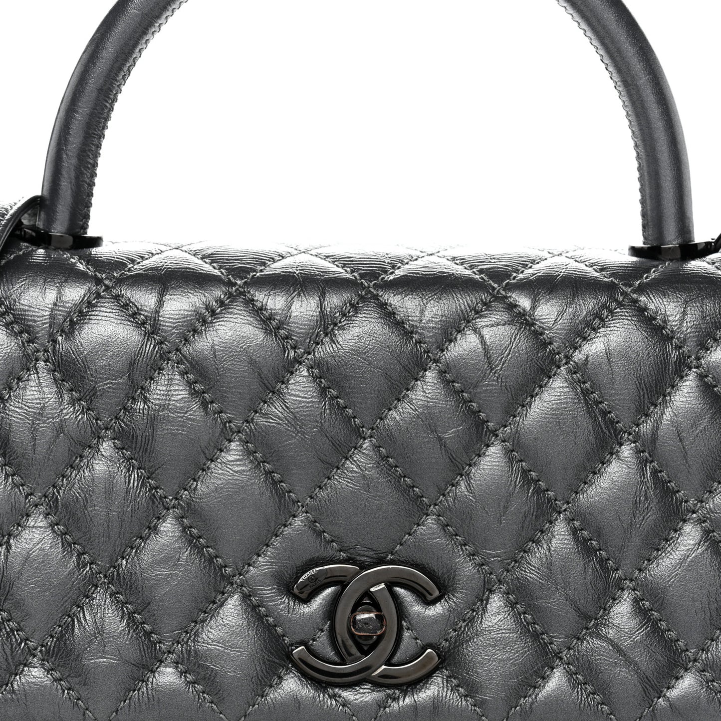 Metallic Aged Calfskin Quilted Small Coco Handle Flap Charcoal