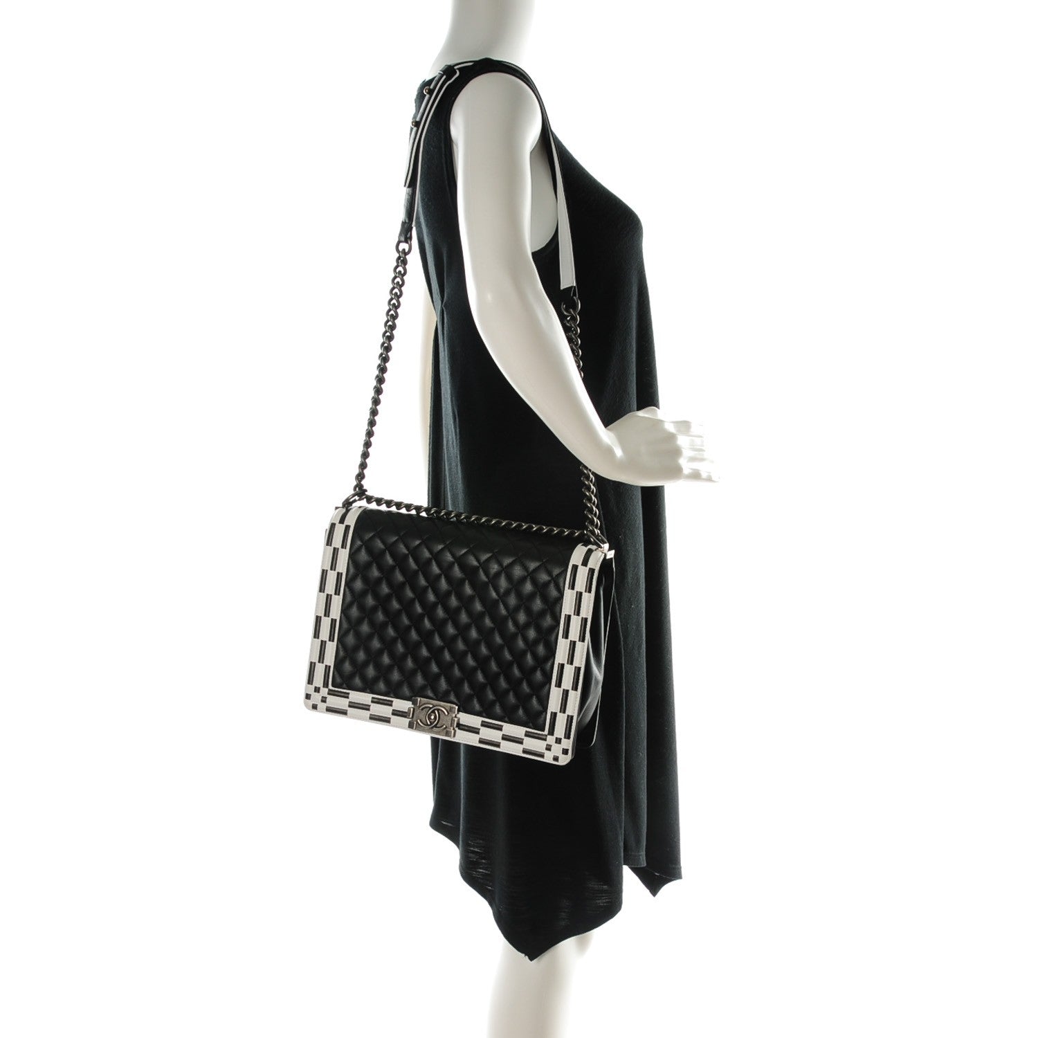 Chanel Calfskin Quilted Checkerboard Trim Large Boy Flap Black White 2 of 8