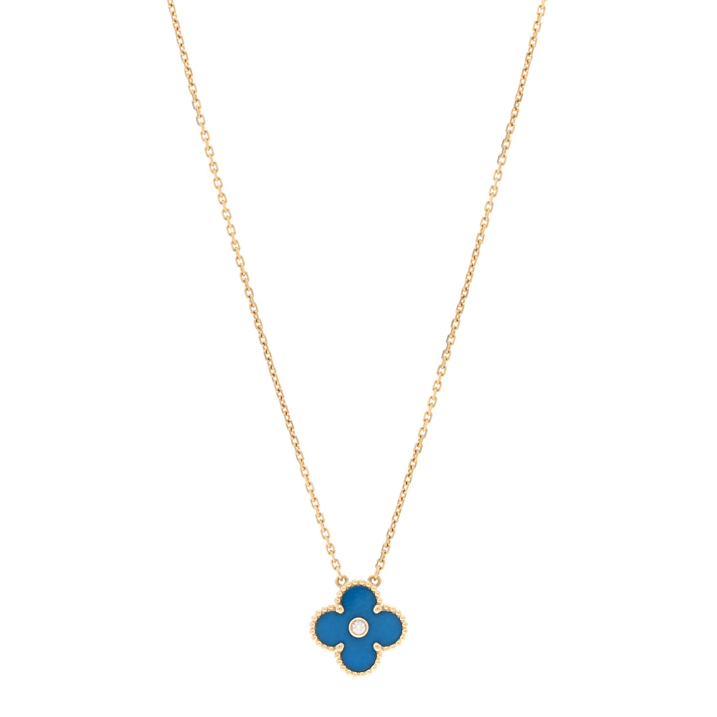 18K Yellow Gold Diamond Celestial Blue Sevres Porcelain Vintage Alhambra Pendant Necklace